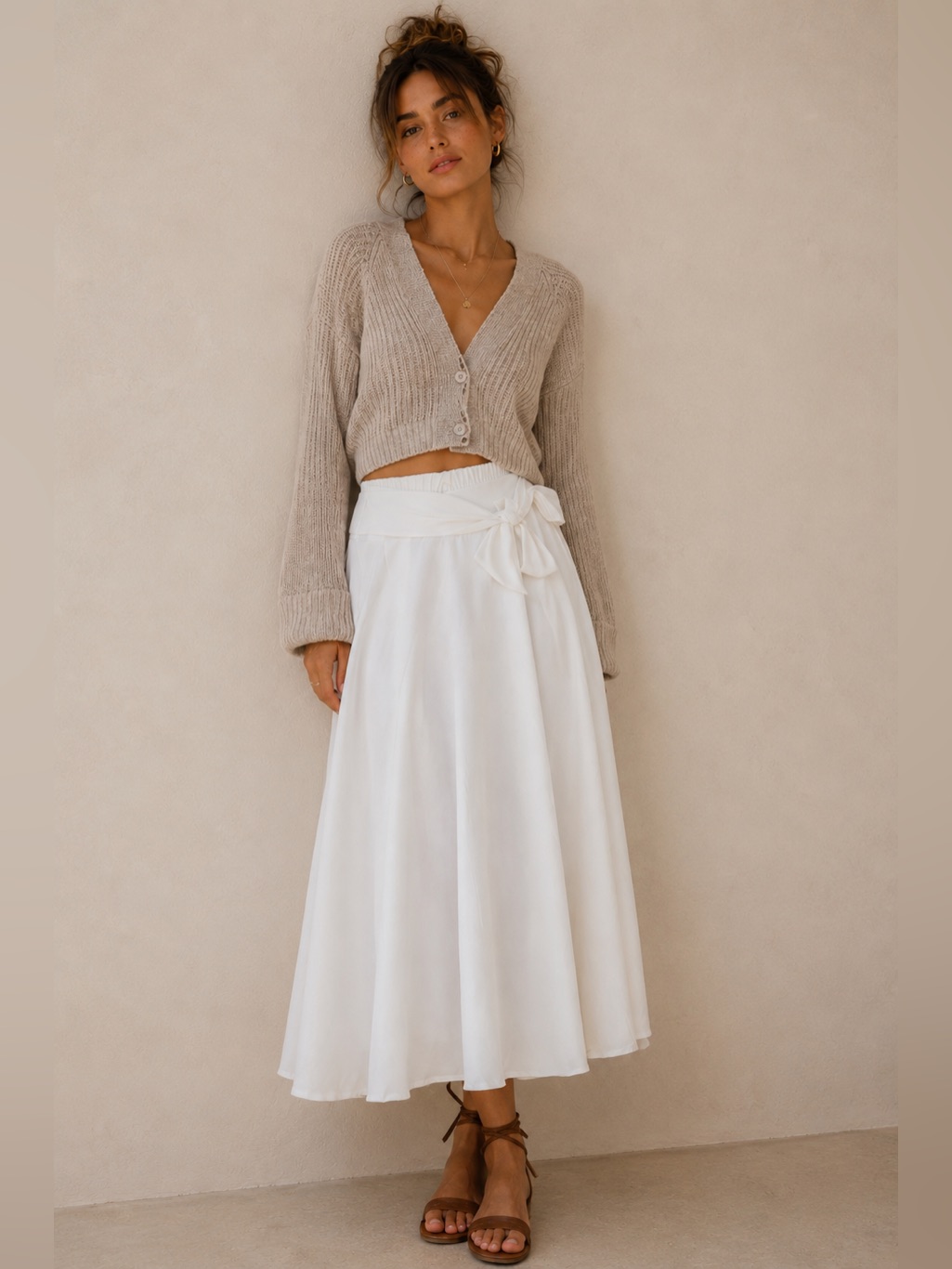 White A-Line Maxi Skirt Women Medium Tie Waist Flowy Formal
